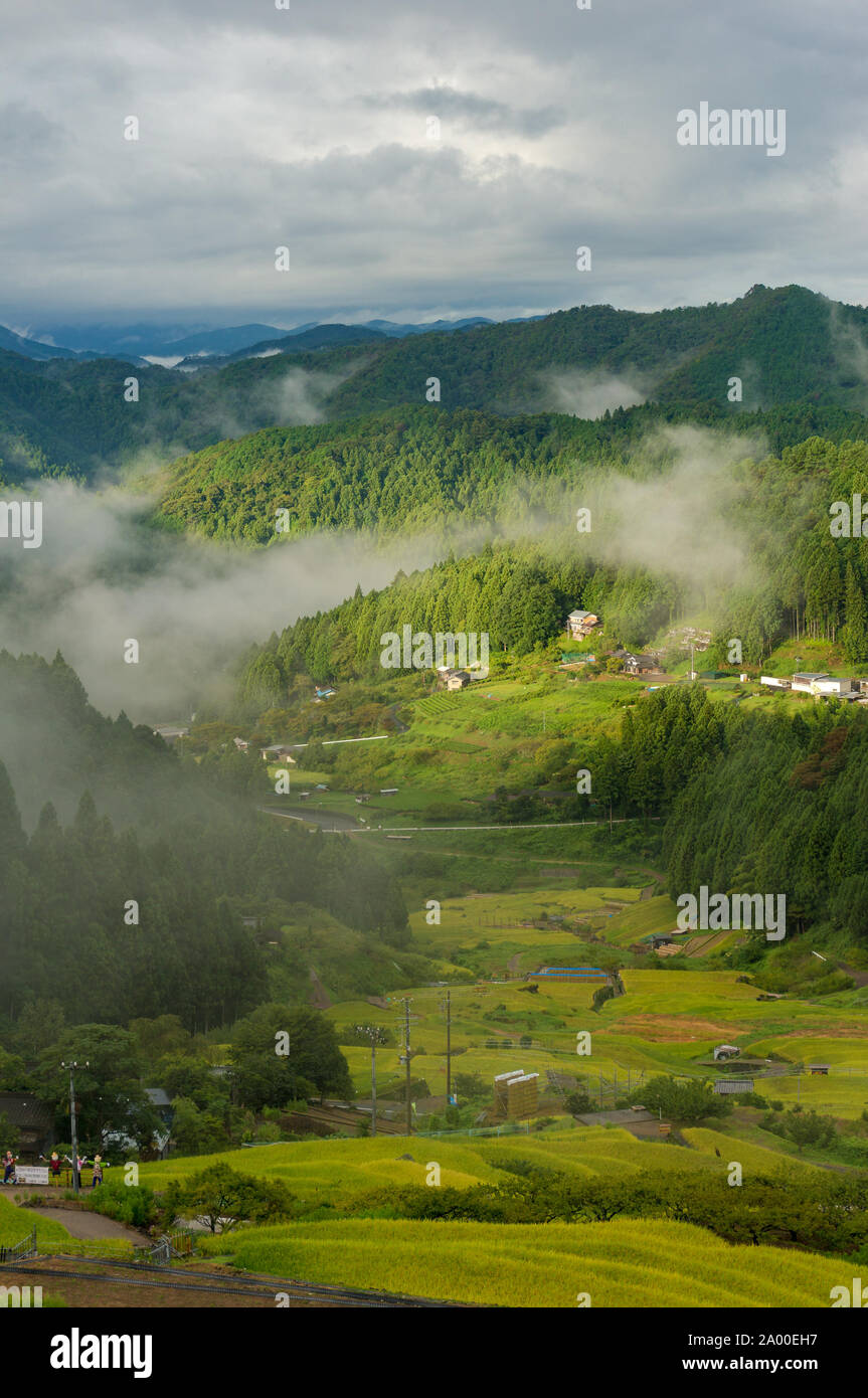 Japanische Landschaft von Reis Farmen im Hochgebirge von Yotsuya mit Patches von Nebel, Wolken und Sonne auf den Boden. Yotsuya keine Semmaida, Aichi Stockfoto