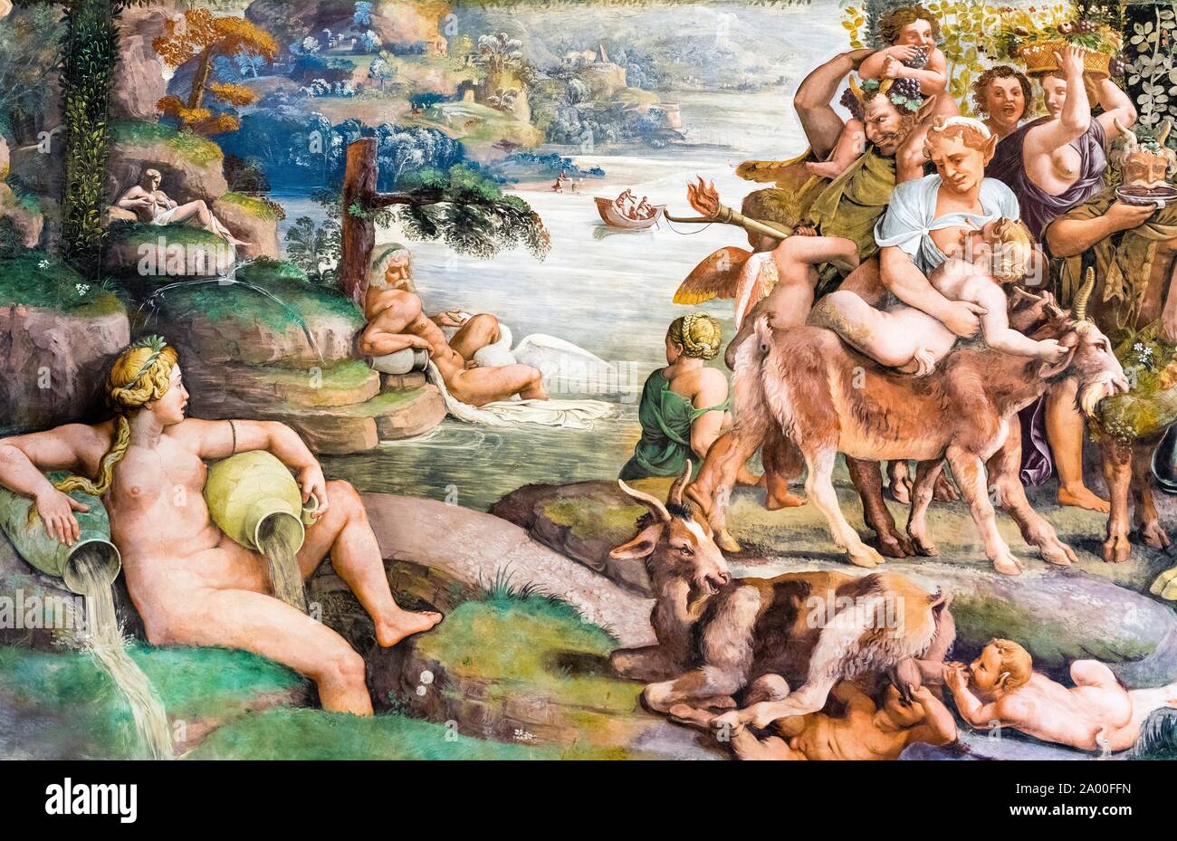 Mythologische Fresko von Giulio Romano, Halle von Amor und Psyche, Kamera di Amore e Psiche, Palazzo Te Lustschloss, Mantua, Lombardei, Italien Stockfoto