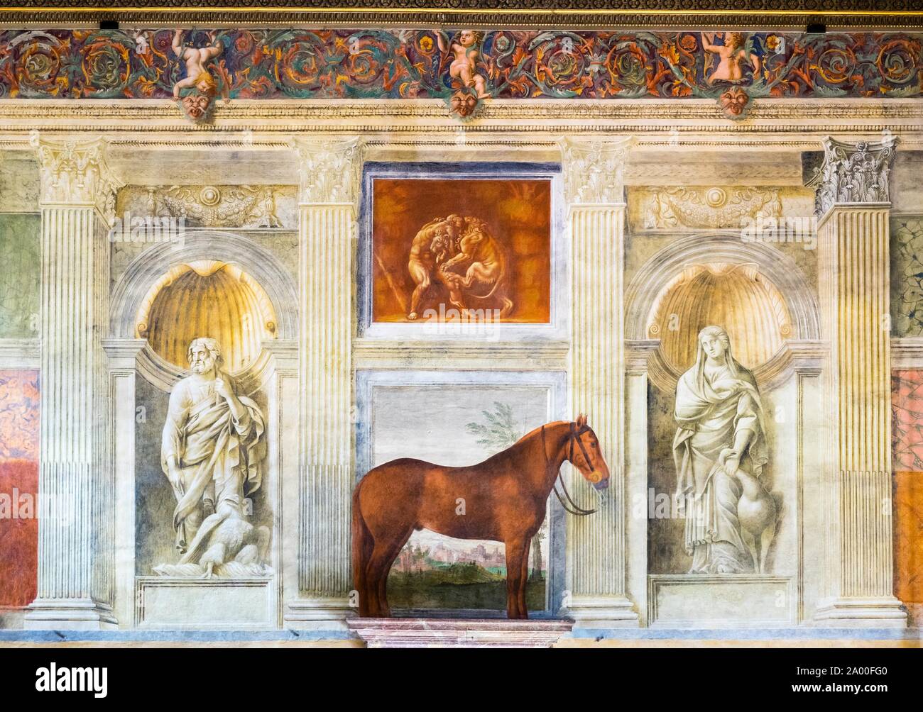 Darstellung der Pferde in der Sala dei Cavalli, der Halle der Pferde, Fresko von Giulio Romano, Palazzo Te Lustschloss, Mantua, Lombardei, Italien Stockfoto