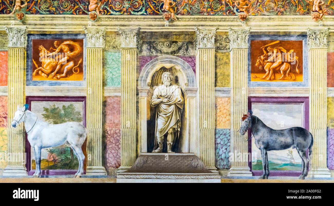 Darstellung der Pferde in der Sala dei Cavalli, der Halle der Pferde, Fresko von Giulio Romano, Palazzo Te Lustschloss, Mantua, Lombardei, Italien Stockfoto