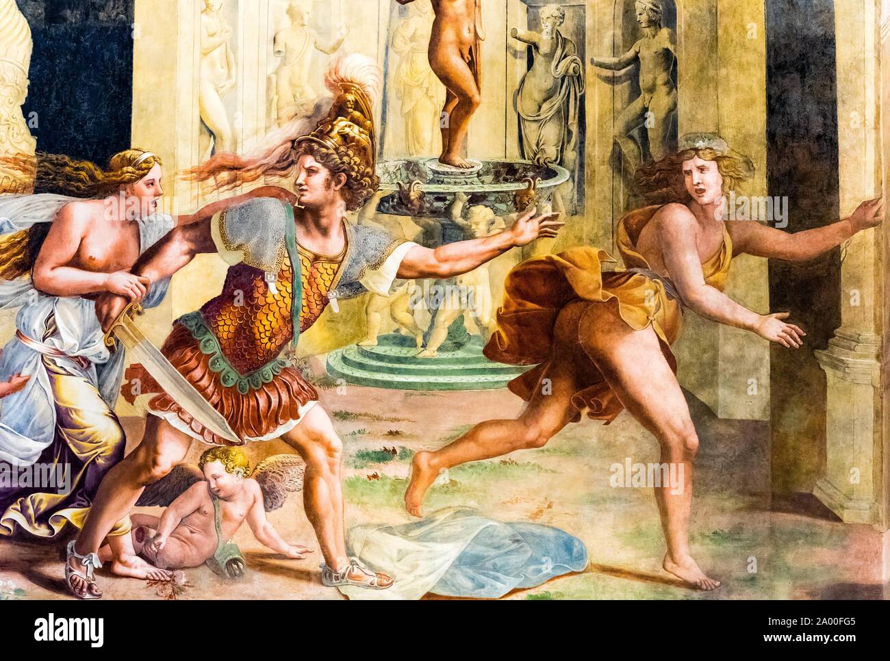 Venus und Adonis, Fresko von Giulio Romano in der Halle von Amor und Psyche, Kamera di Amore e Psiche, pleasure palace Palazzo Te, Mantua, Lombardei Stockfoto
