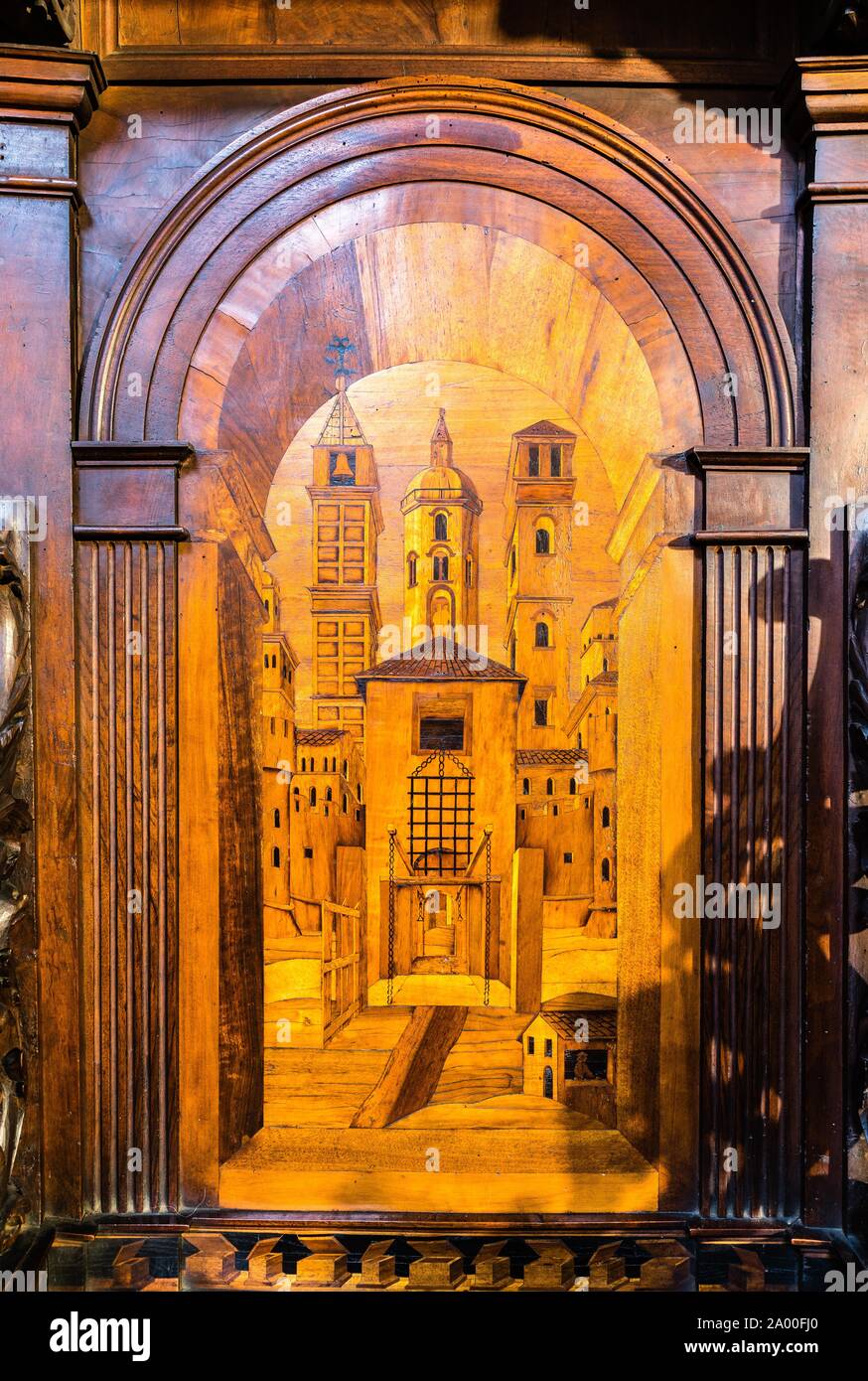 Intarsien einer Stadt im chorgestühl von Giuseppe und Cristoforo Mantelli, 1546, Renaissance, Basilika San Prospero, Reggio Emilia, Emilia-Romagna Stockfoto
