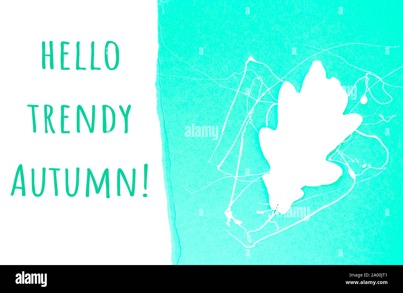 Neo mint Farbe trendige Hintergrund mit weißen Eichenlaub und Copyspace. Hallo herbst Konzept. Stockfoto