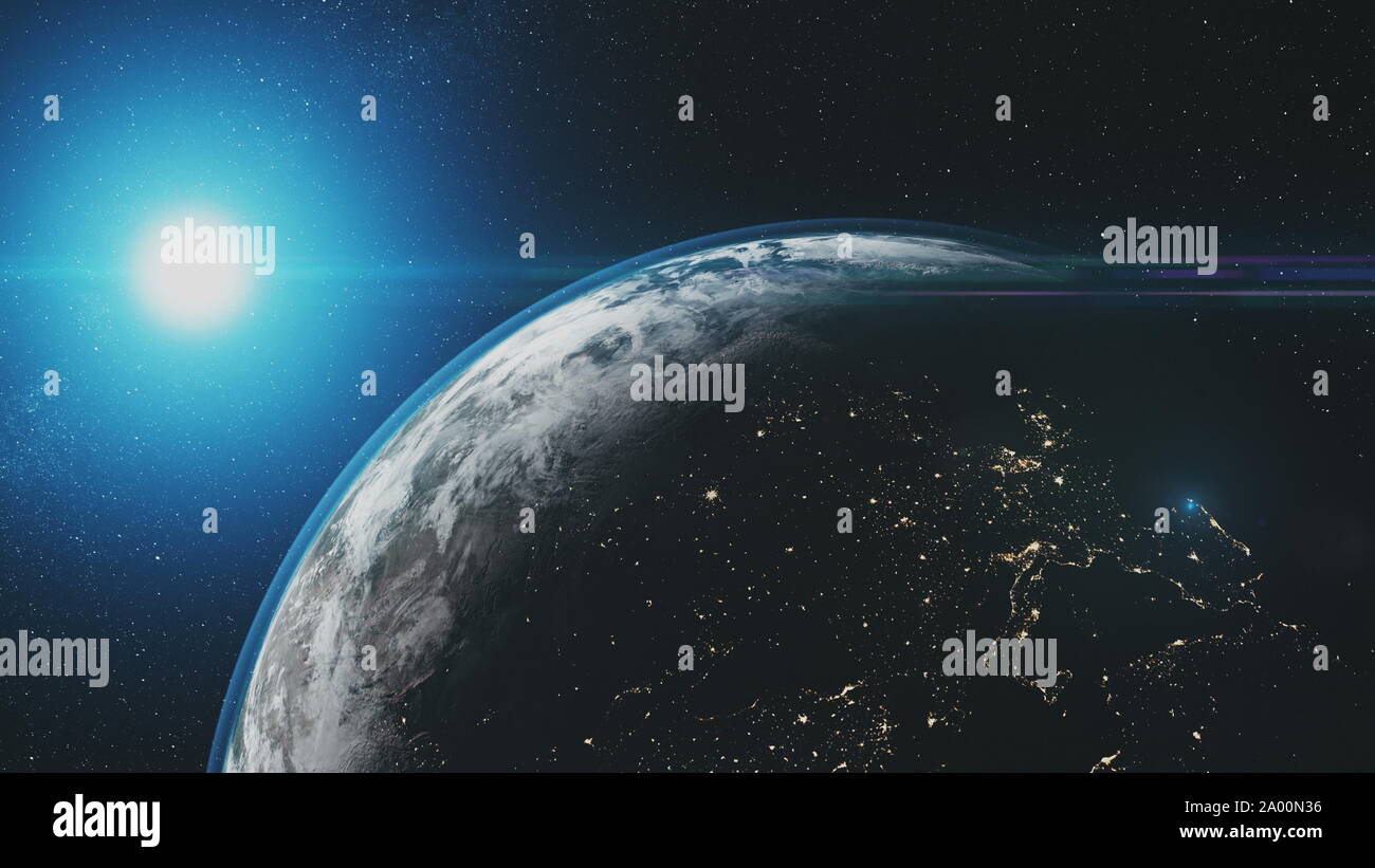 Epische Erde drehen Sonnenlicht leuchten Starry Galaxy. Interstellaren Asteroiden tiefen Weltraum Navigation Travel Universum Erforschung Konzept 3D Animation Stockfoto Epische Erde drehen Sonnenlicht leuchten Starry Galaxy. Interstellaren Asteroiden tiefen Weltraum Navigation Travel Universum Erforschung Konzept 3D Animation Stockfoto