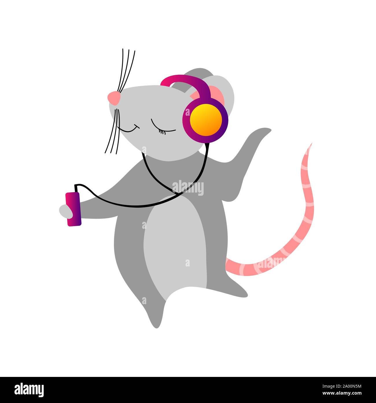 Cute cartoon Maus hören zu einem Player auf weißem Hintergrund. Flache Vector Illustration. Stock Vektor