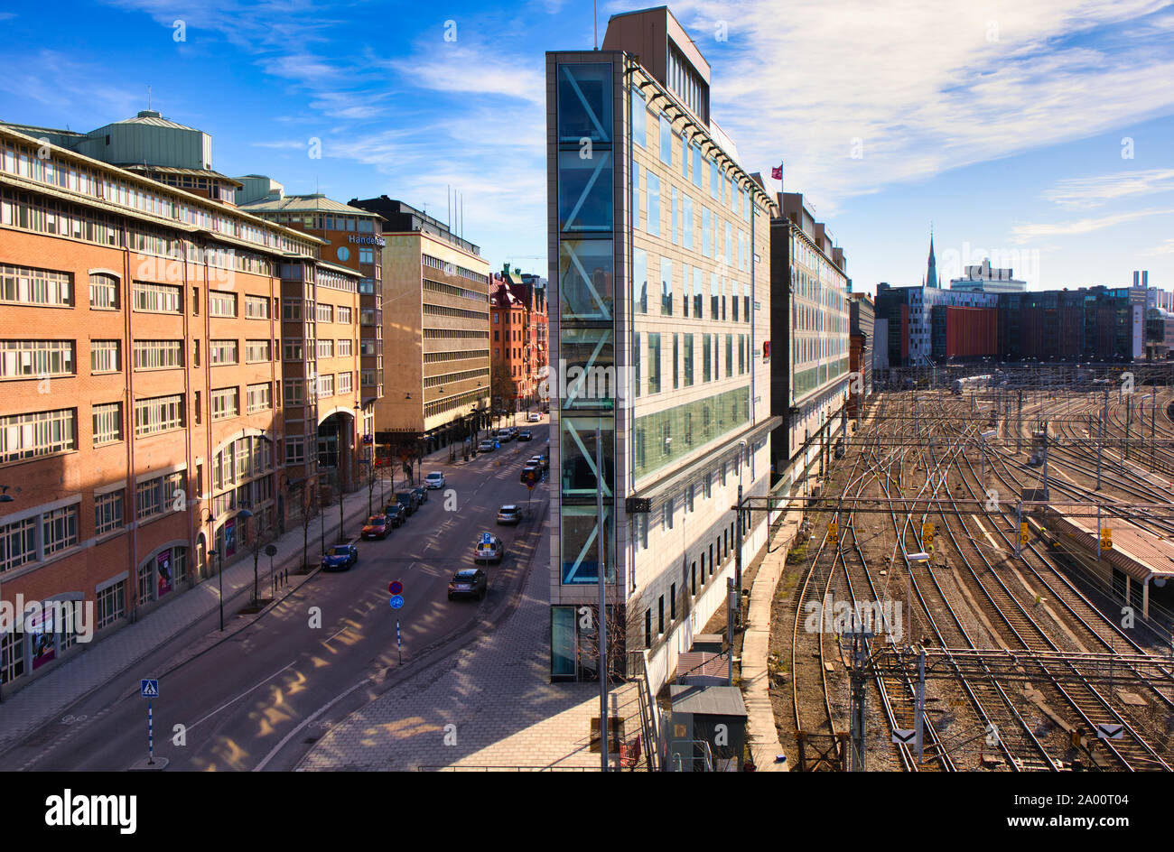 Flat Iron Building, die zwischen Torsgatan und Stockholmer Hauptbahnhof, Norrmalm, Stockholm, Schweden steht Stockfoto