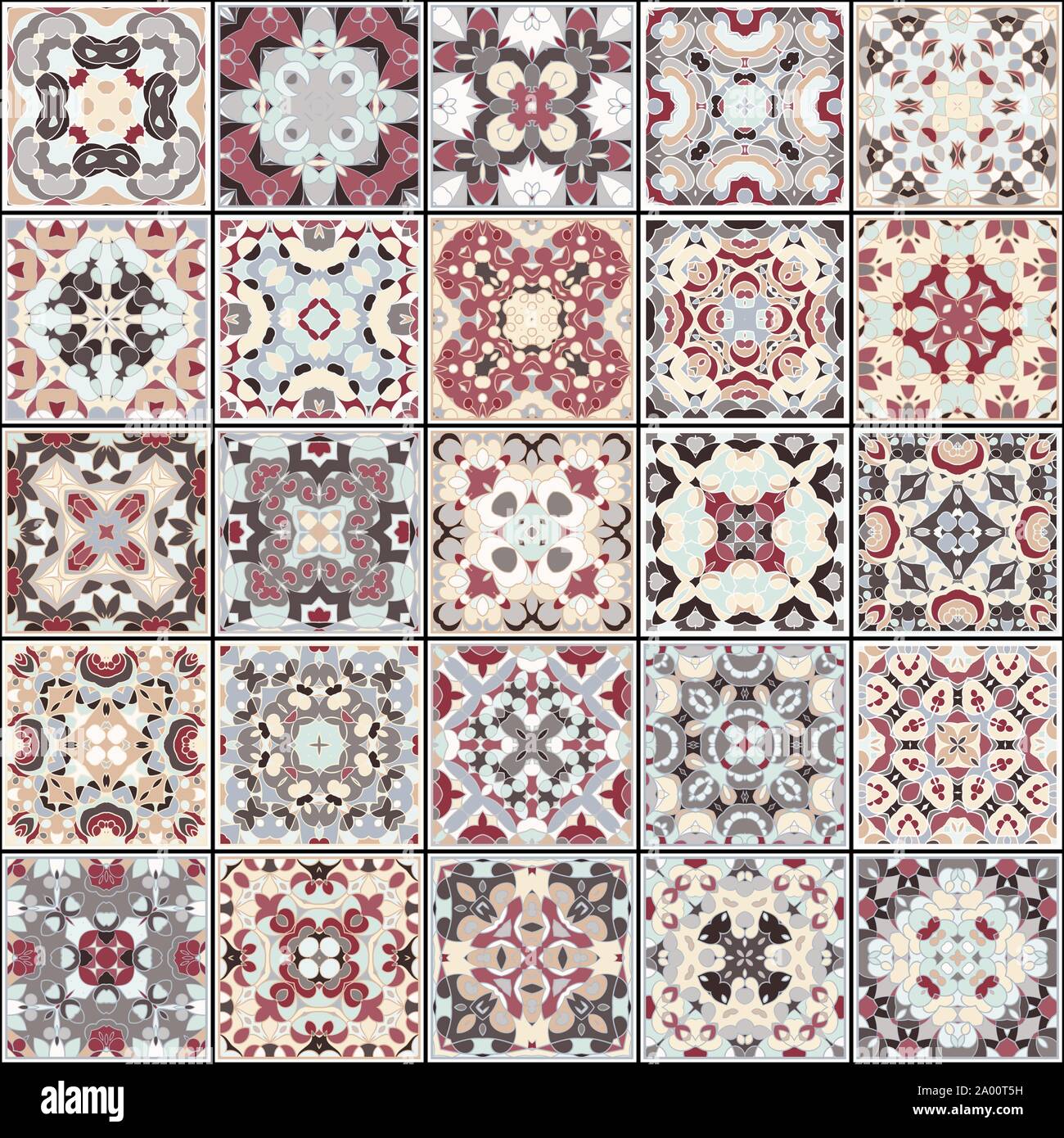 Eine Sammlung von Keramikfliesen in Rot und Beige. Eine Reihe von quadratischen Muster im ethnischen Stil. Vector Illustration. Stock Vektor