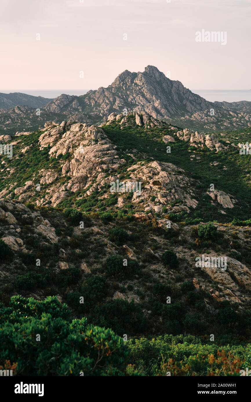Die Désert des Agriates/Desert des Agriates eine karge chemische Peeling und Rock Wüste Landschaft in der Balagne im Norden von Korsika. Stockfoto