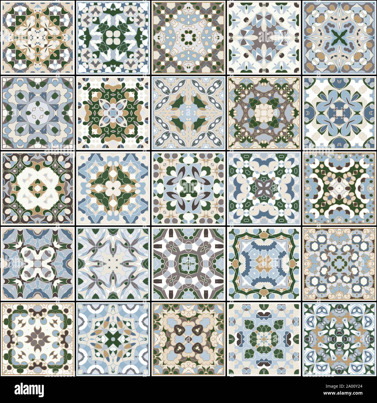 Eine Sammlung von Keramikfliesen in Blau und Beige retro Farben. Eine Reihe von quadratischen Muster im ethnischen Stil. Vector Illustration. Stock Vektor