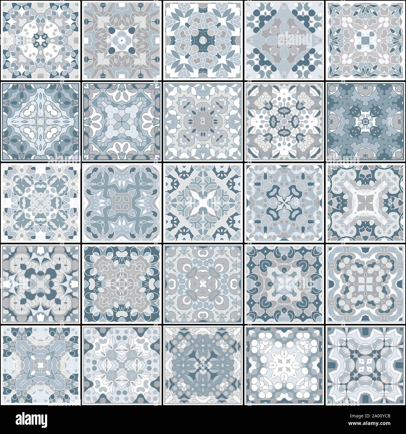 Eine Sammlung von Keramikfliesen in blauen Farben. Eine Reihe von quadratischen Muster im orientalischen Stil. Vector Illustration. Stock Vektor
