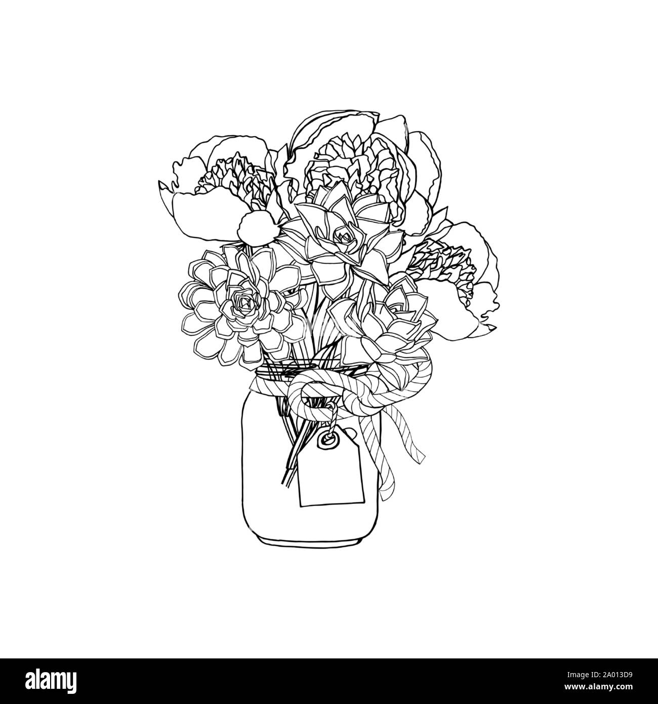 Hand doodle style Blumenstrauß aus verschiedenen Blumen, Pfingstrose, Sukkulenten Stock Vektor