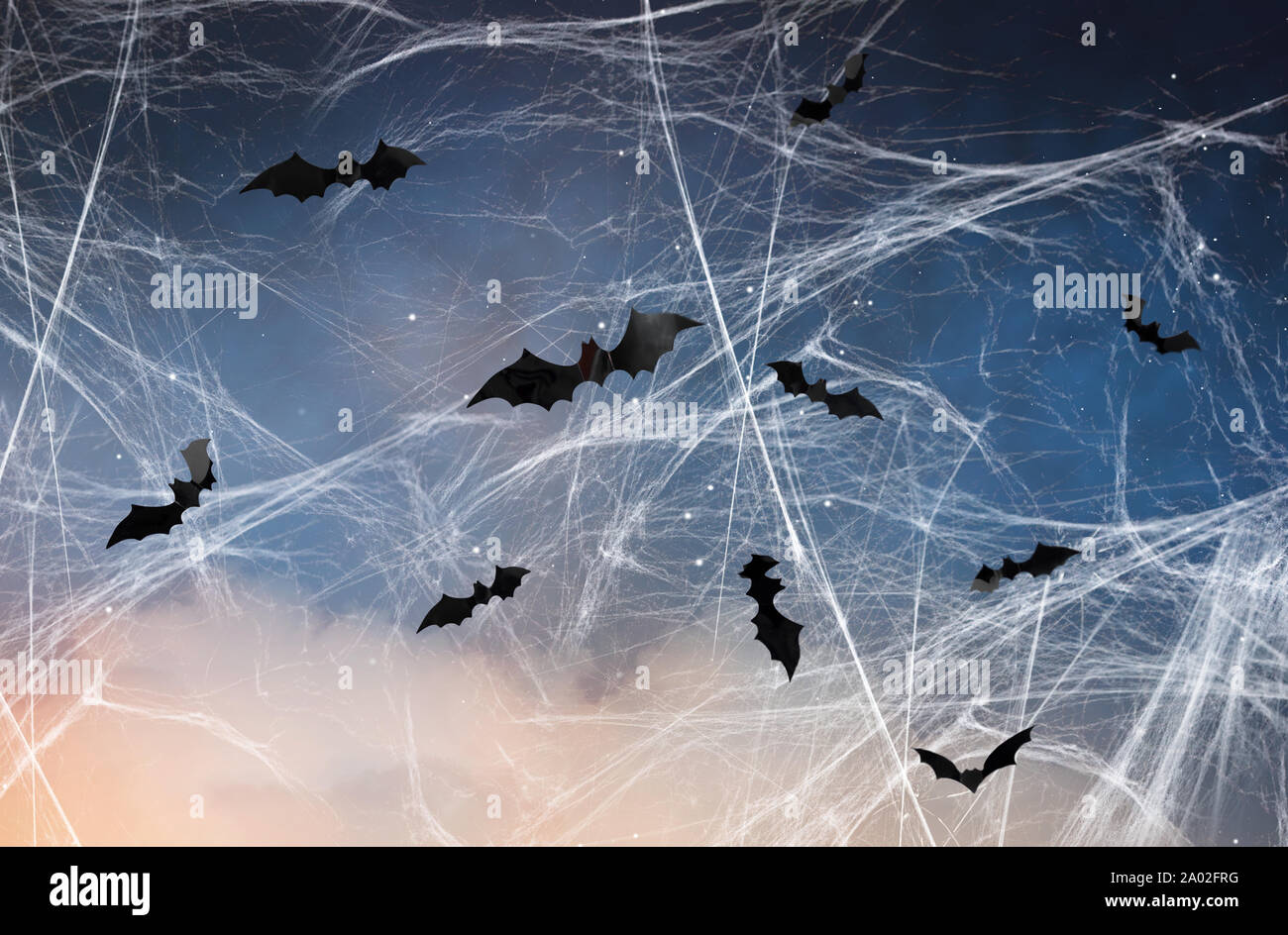 Schwarz Fledermäuse über Sternenhimmel und Spiderweb Stockfoto