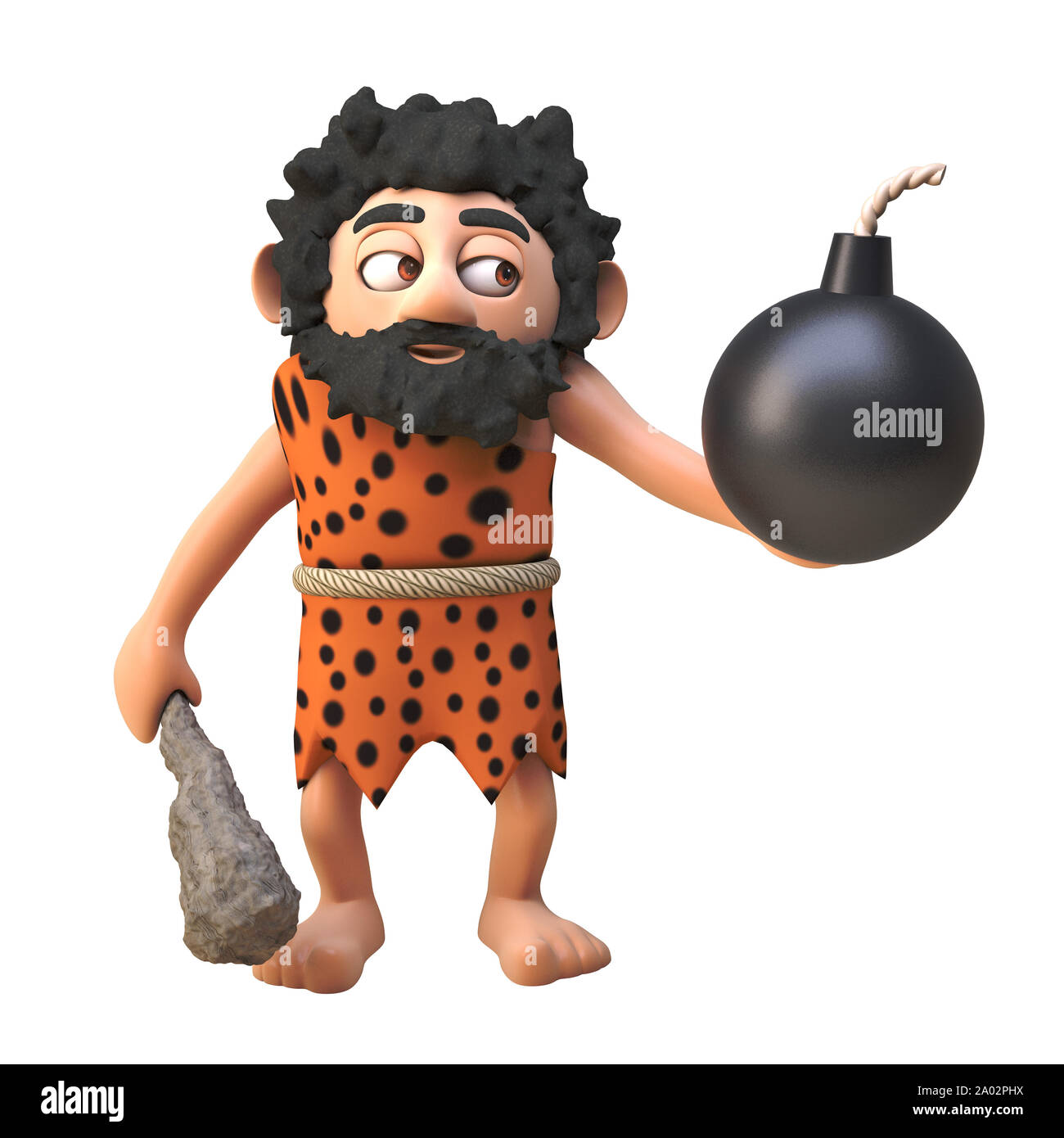 3d Cartoon prähistorischen caveman Charakter mit Schießpulver Bombe und Verein, 3d-Grafik 3d-Grafik Stockfoto
