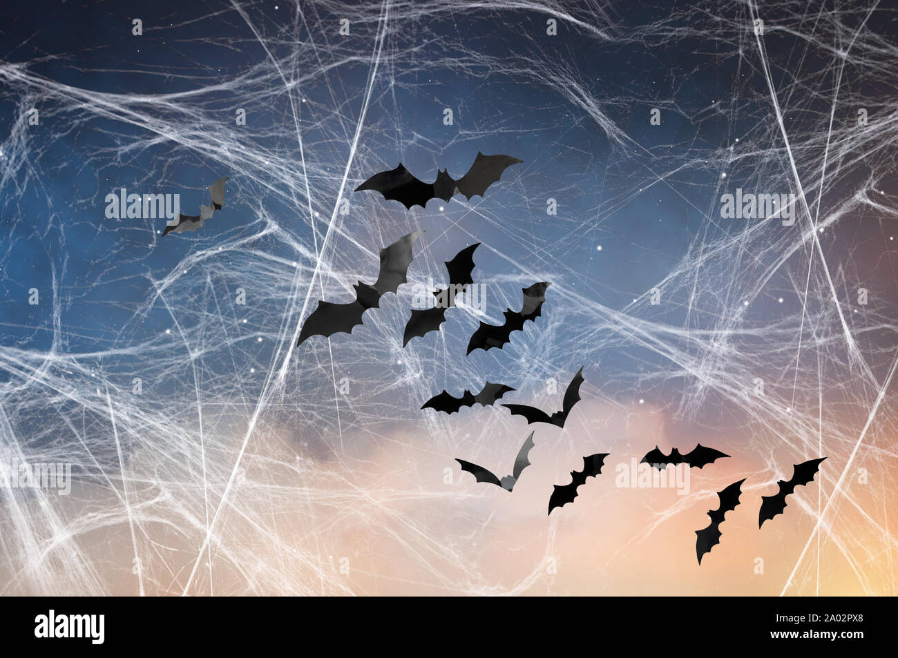 Schwarz Fledermäuse über Sternenhimmel und Spiderweb Stockfoto