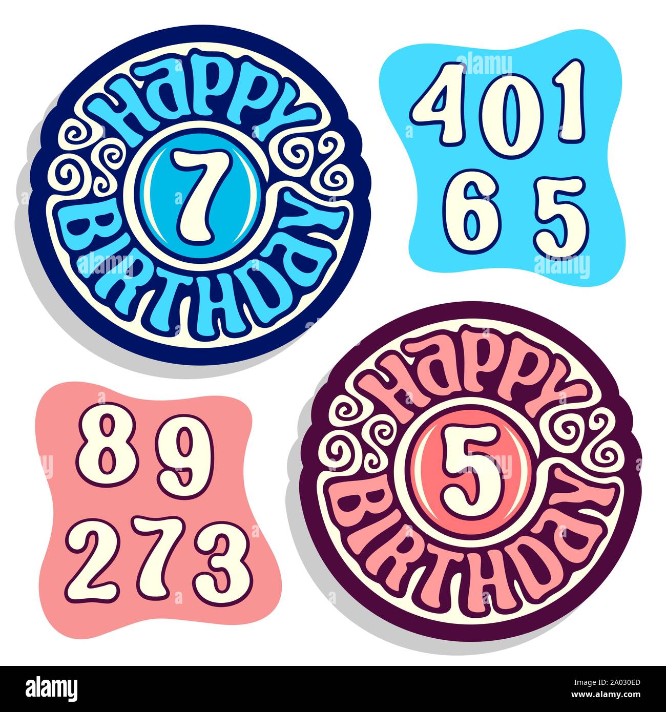 Vektor logo für Happy Birthday: strahlend blaue Schild für Jubiläum der jungen Kinder und Blassrosa Emblem für Happy birthday Mädchen Kinder, Konstruktor gesetzt w Stock Vektor