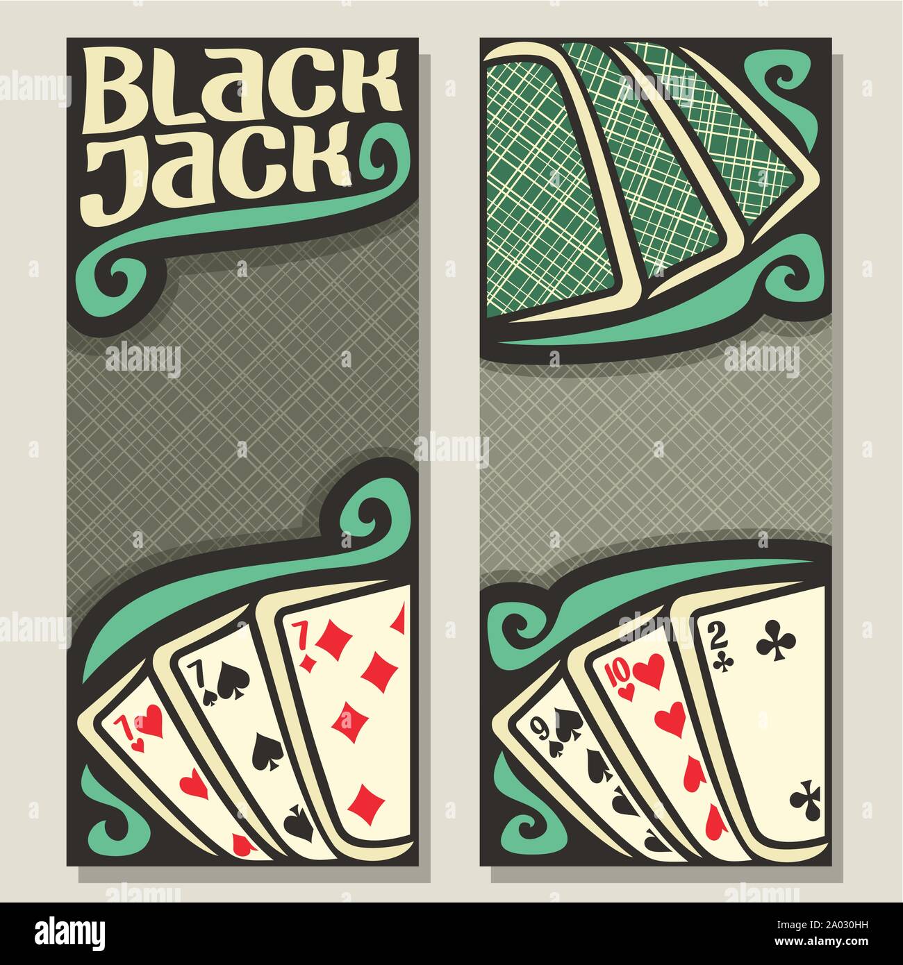 Vektor Banner für Blackjack spielen: grün Rückseiten von Spielkarten auf Tabelle, Ansicht von oben, laden ein Ticket für Casino, Vorlagen mit grauem Hintergrund für Tex Stock Vektor