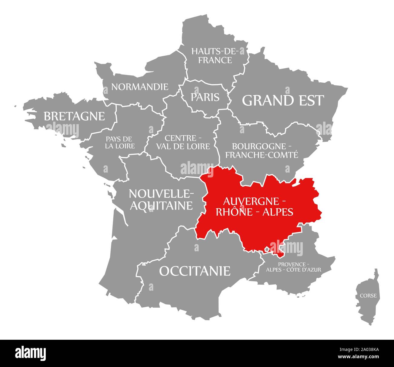 Auvergne - Rhone-Alpes in Rot hervorgehoben Karte von Frankreich Stockfoto