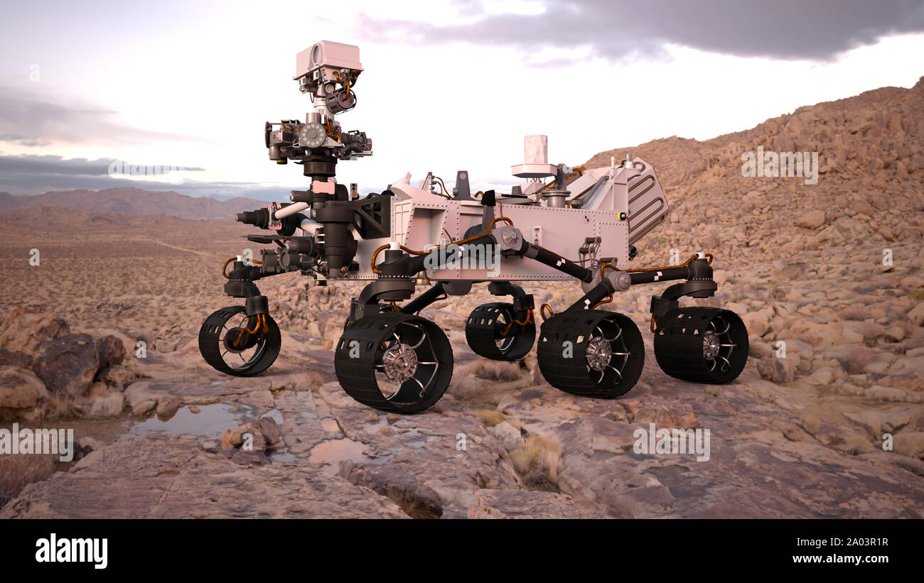 Mars Rover, robotic Space autonomes Fahrzeug auf einem verlassenen Planeten mit Wasser, 3D-Darstellung Stockfoto