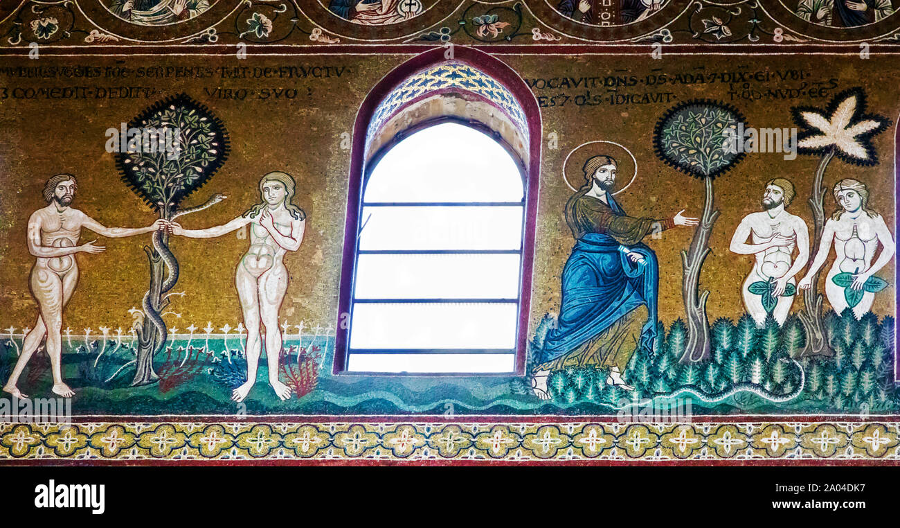 Adam und Eva in Mosaiken der Kathedrale von Monreale, Sizilien Stockfoto