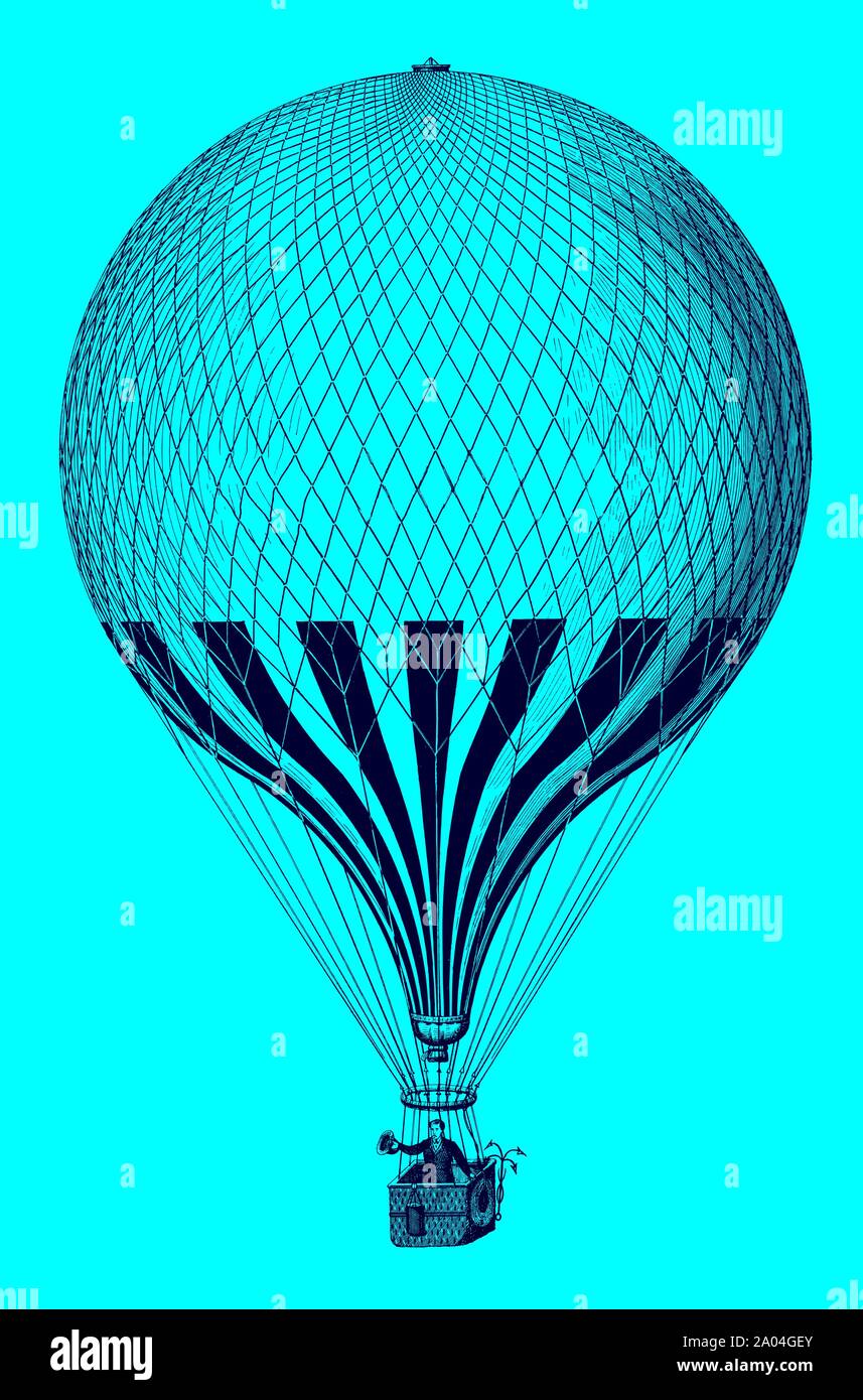 Historische ballon Fliegen mit einem Mann an Bord vor einem blauen Hintergrund. lllustration nach einer Lithographie aus dem 19. Jahrhundert. Editierbare Layer Stock Vektor