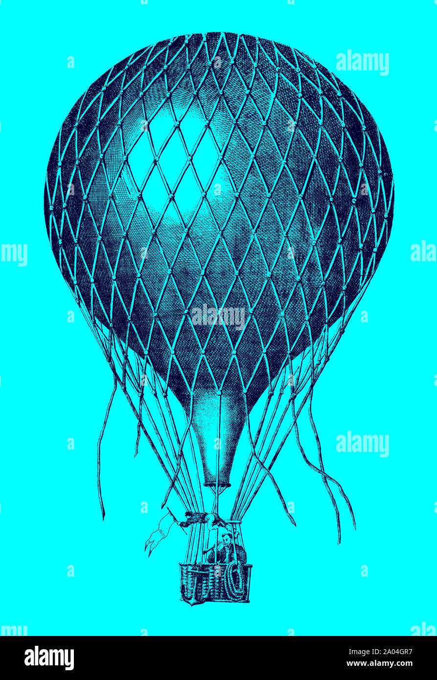 Historische ballon Fliegen mit zwei Männer an Bord vor einem blauen Hintergrund. lllustration nach einer Lithographie aus dem 19. Jahrhundert. Editierbare Layer Stock Vektor
