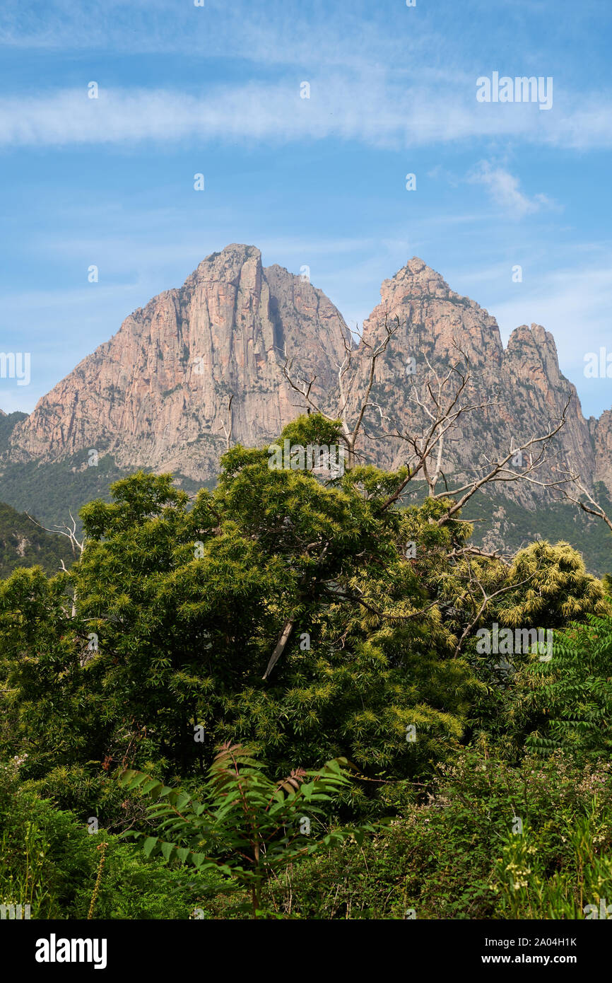 Der rote Granit Gipfeln und Graten Landschaft von Capu d'Orto und Capu E Trè Signore in der Ota/Porto Region, Corse-du-Sud, Korsika, Frankreich Stockfoto