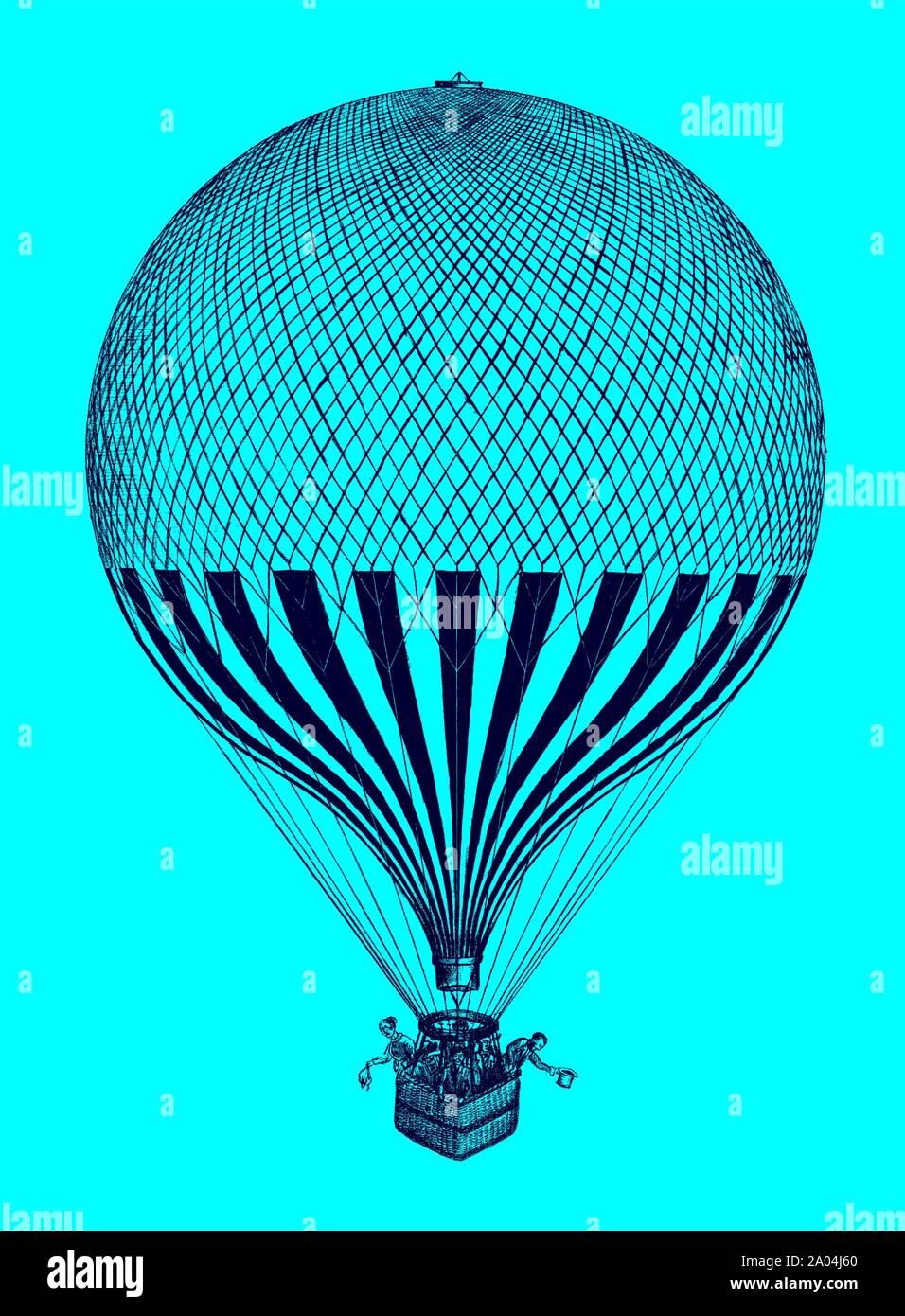 Historische Ballon mit mehrere Passagiere im Korb vor einem blauen Hintergrund stehen. Abbildung: Nach einer Lithographie aus dem 19. Jahrhundert Stock Vektor