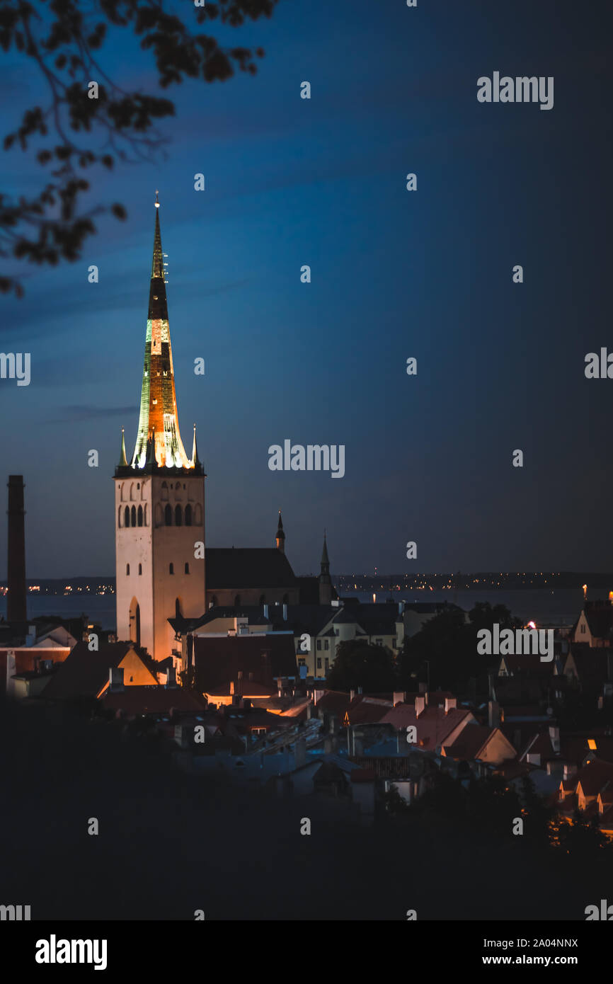 Panorama der Stadt Tallinn, in der Ferne die Kirchturmspitze der St. Olaf, ein Baptist Church Stockfoto