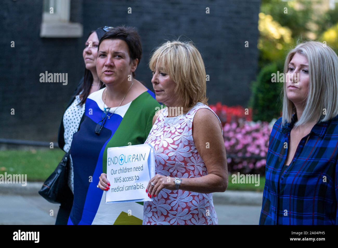 London, Großbritannien. 19 Sep, 2019. Unsere Schmerzen, die medizinische Verwendung von Cannabis legalisieren Petition in 10 Downing Street, London Credit übergeben: Ian Davidson/Alamy leben Nachrichten Stockfoto