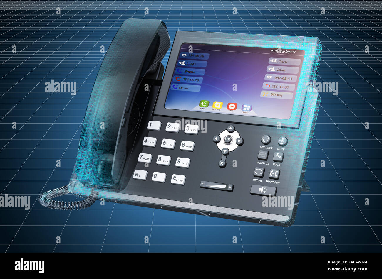 Visualisierung von 3D-CAD-Modell des IP-Telefons, Blaupause. 3D-Rendering Stockfoto