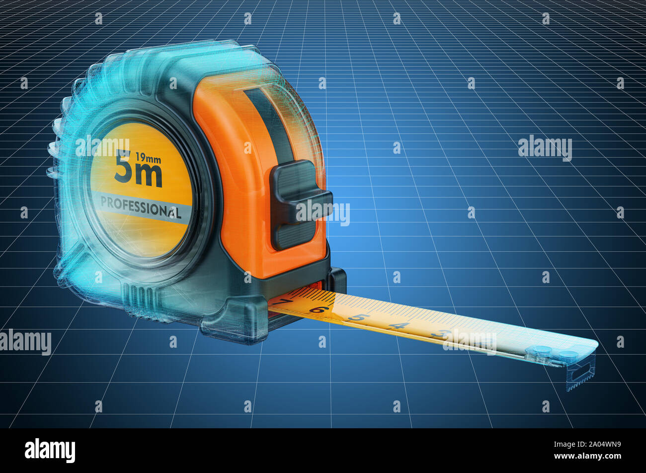 Visualisierung 3D-CAD-Modell von Maßband, Blaupause. 3D-Rendering Stockfoto