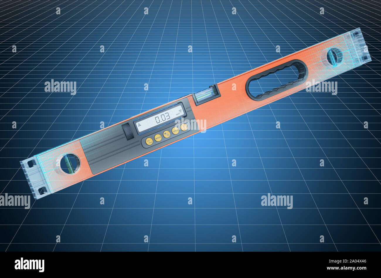 Visualisierung 3D-CAD-Modell der digitalen Wasserwaage, Blaupause. 3D-Rendering Stockfoto