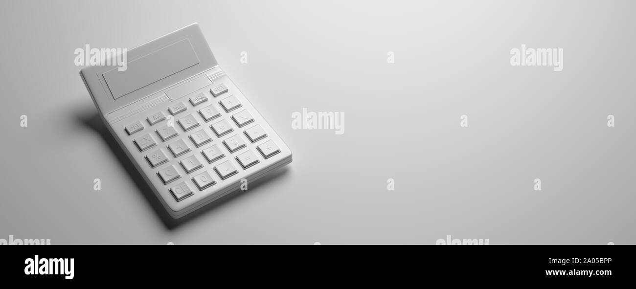 Taschenrechner graue Farbe Schwarzweiß gegen grauen Hintergrund, Banner, Kopieren, 3D-Darstellung Stockfoto