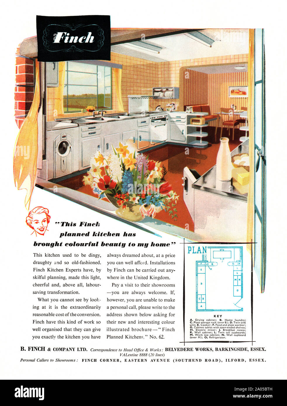 Anzeige für ein Finch Einbauküche, 1951. Das bunte Bild zeigt einen Blick auf die modern wirkende Küche Umbau und einen Plan, der es unten. In den frühen 1950er Jahren Einbauküchen in Orten wie in den USA üblich waren, aber relativ selten in Großbritannien. Stockfoto