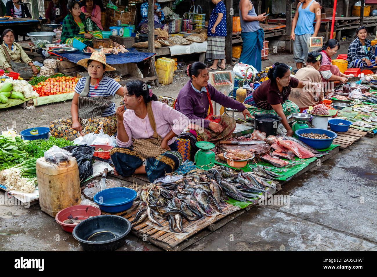 Lokale burmesische Frauen Verkauf von frischem Fisch in Mingalar Markt, Nyaung Shwe See Inle, Shan Staat, Myanmar. Stockfoto