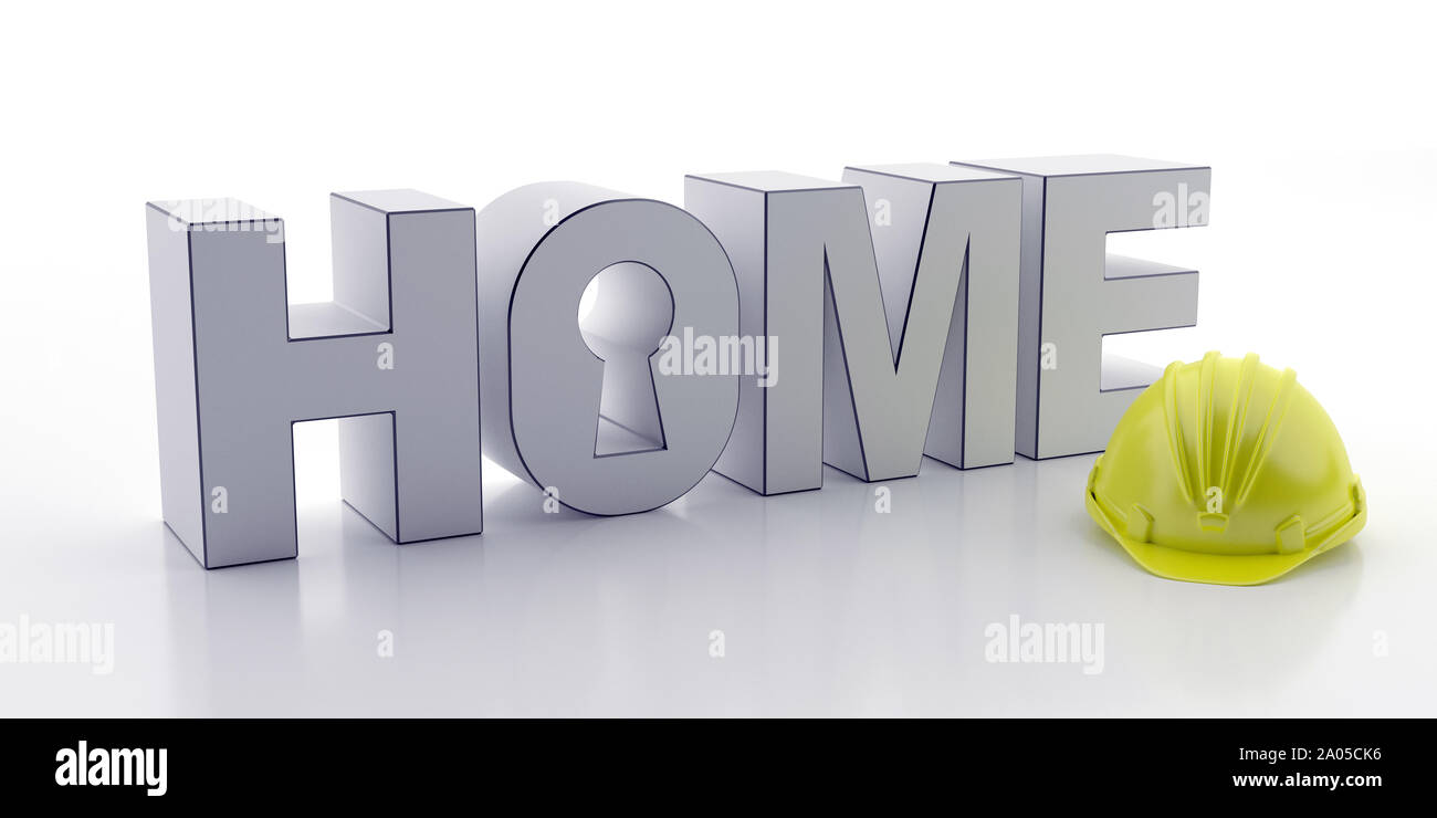 Haus Bau, Wartung Konzept. Startseite Text weißen Buchstaben und Gelb hardhat gegen den weißen Hintergrund. 3D-Darstellung Stockfoto