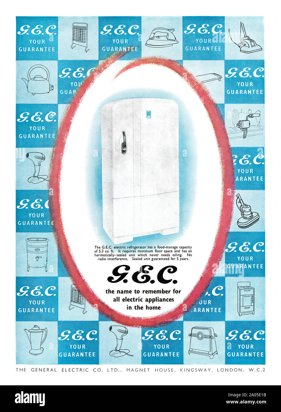 Anzeige für GEC Elektrogeräte für Haus, 1951. Die Abbildung zeigt einen Kühlschrank. Stockfoto