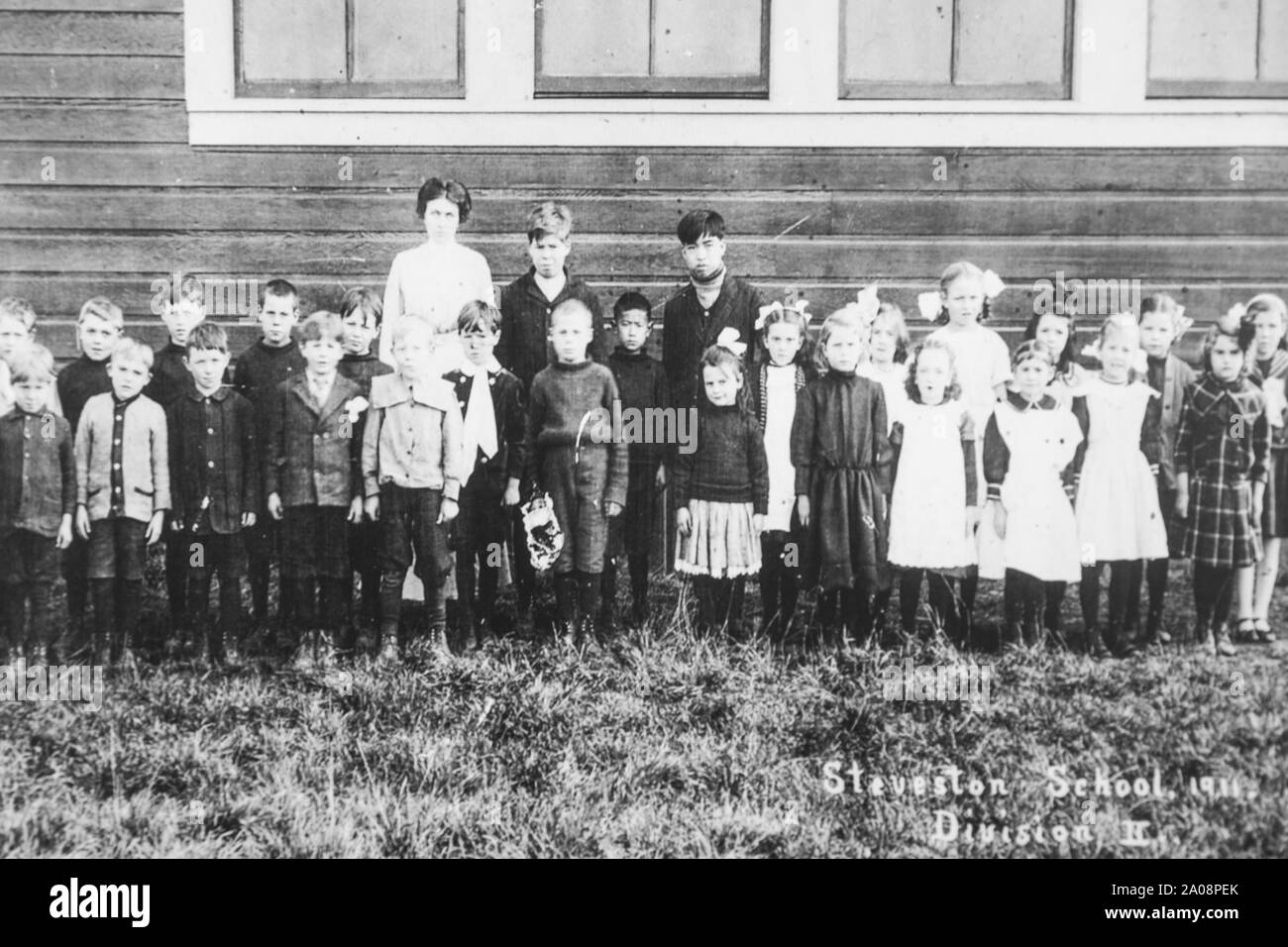 Schwarze und weiße projizierte Bild des Lebens in Steveston in den frühen 1900ern, British Columbia, Kanada Stockfoto