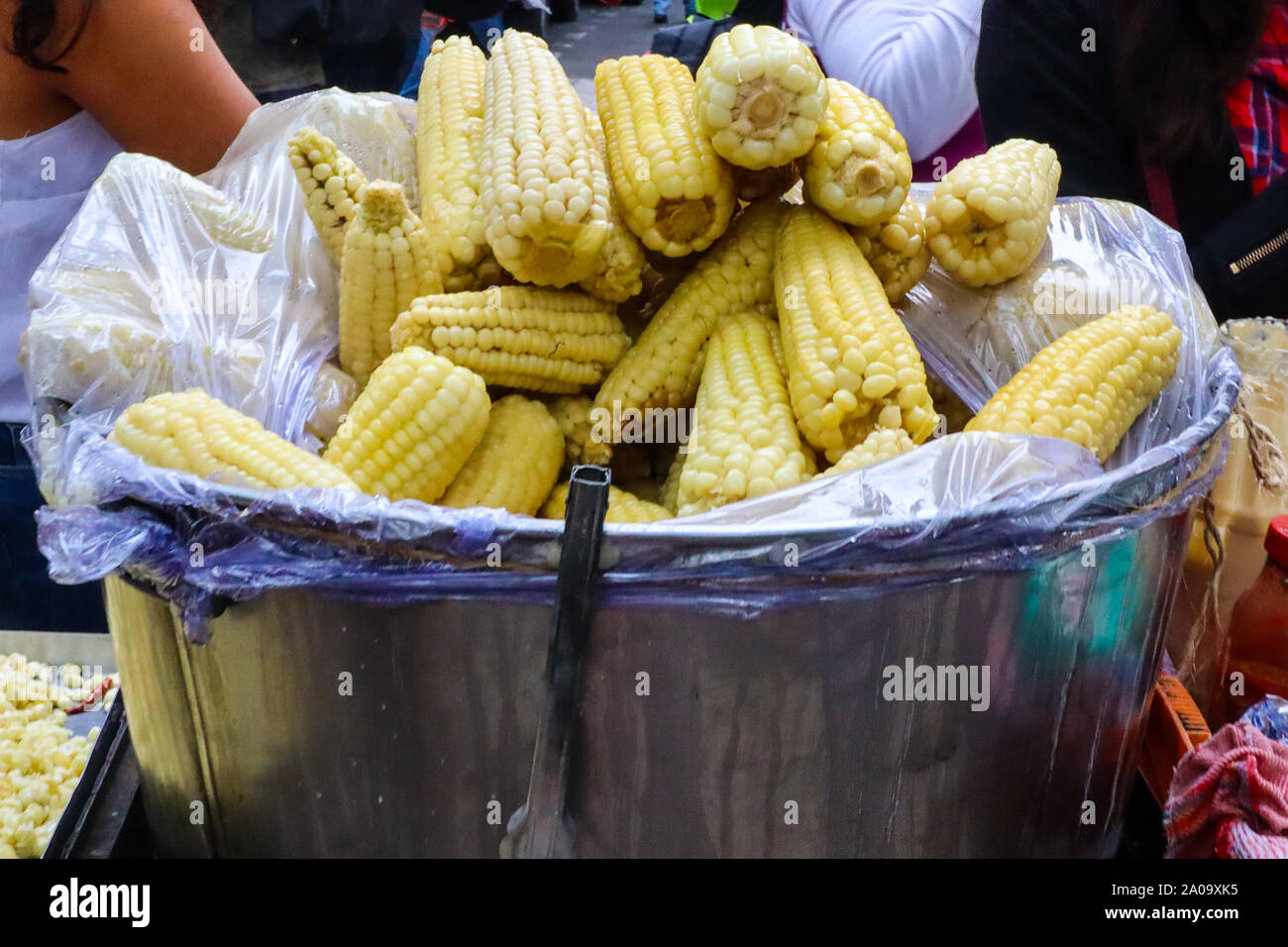Mexikanischen Straße Mais (Elotes) zum Verkauf in Mexiko Stadt Stockfoto