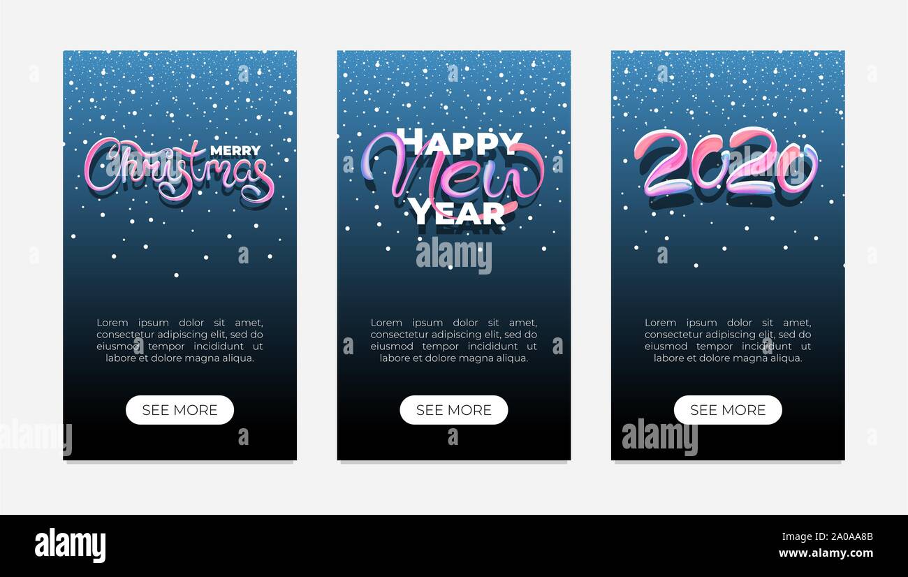 Frohes neues Jahr 2020 und frohe Weihnachten Text handgezeichnet Acryl Kalligraphie blogger Geschichten Banner Design Vorlage. Urlaub Typografie Gruß Geschenk Geschichte Layout Poster-Set. Vektorgrafik Weihnachten Stock Vektor