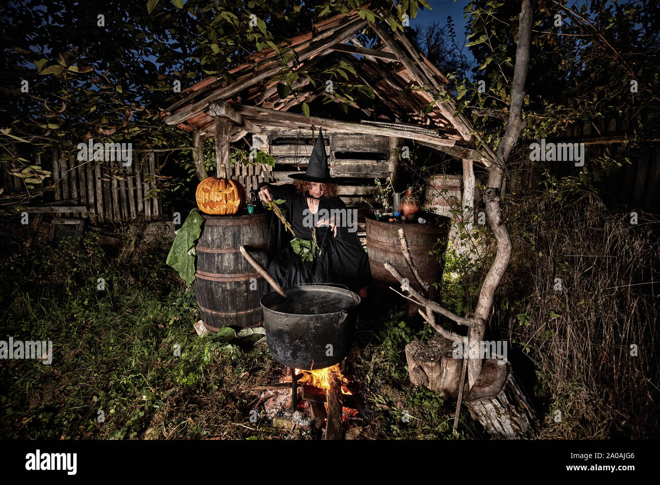 Alte Hexe brauen tödlichen Trank für Halloween in einen gusseisernen Topf Stockfoto