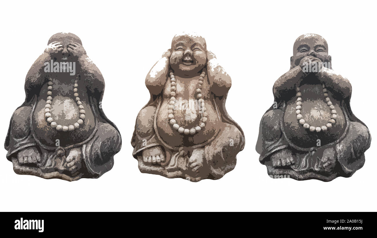 Abbildung: Drei Buddhastatuen in einer Pose der Drei Affen ee, nichts hören, nichts sagen" isoliert auf weißem Stockfoto