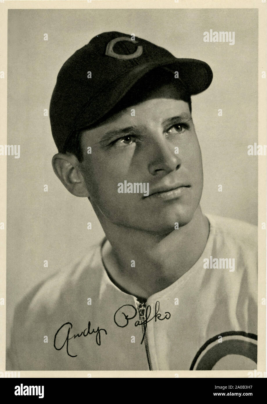 Vintage 1940s Era Erinnerungsfoto der Chicago Cubs Spieler Andy Pafko. Stockfoto