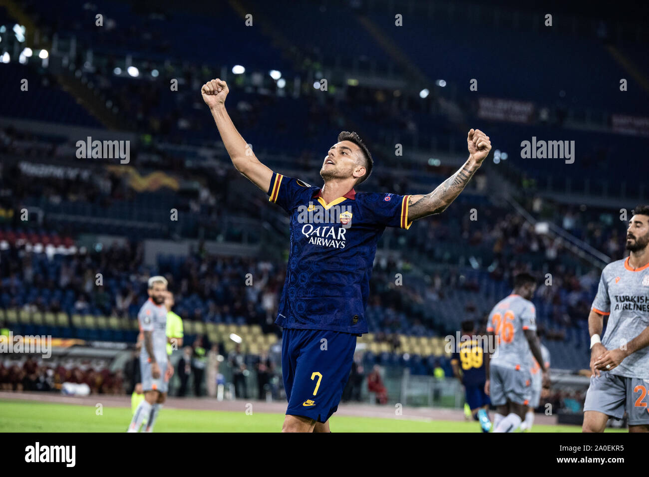 Rom, Italien. 19 Sep, 2019. Lorenzo Pellegrini von As Rom feiert, nachdem er ein Ziel während der UEFA Europa League Spiel zwischen dem AS Rom und Istanbul Basaksehir im Olympiastadion. (Endstand: 4:0 Istanbul Basaksehir) Credit: SOPA Images Limited/Alamy leben Nachrichten Stockfoto