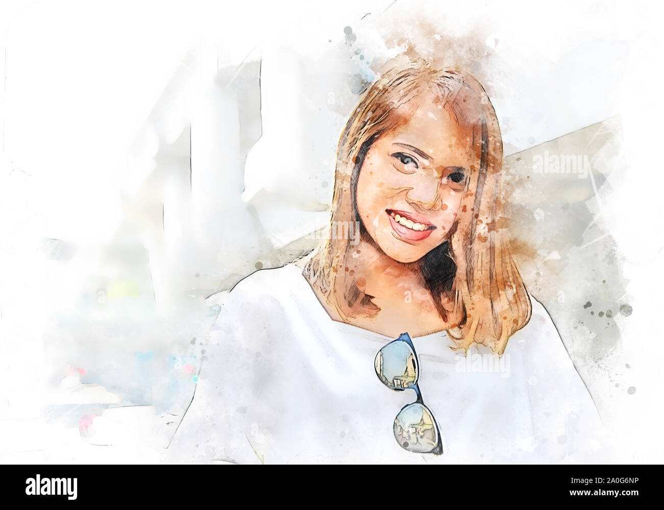 Abstrakte schöne Frau lächeln Portrait reisen und Walking Street in der Innenstadt am Aquarell illustration Malerei Hintergrund. Stockfoto