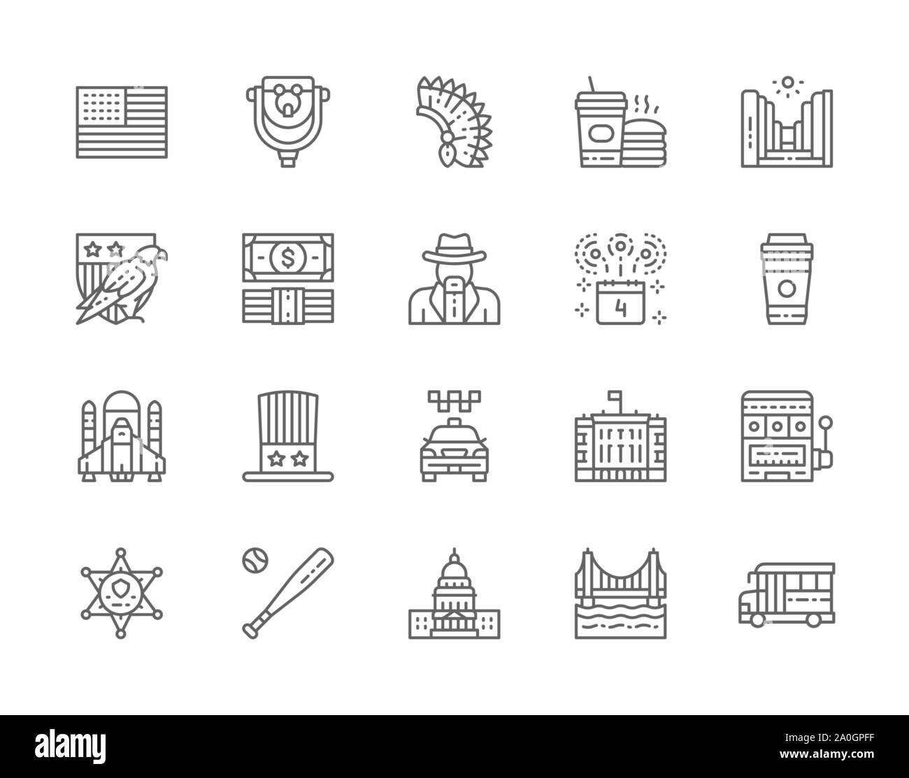 Einstellen der amerikanischen Kultur Zeile für Symbole. Der Weißkopfseeadler, Dollar, Cowboys, Casino und mehr Stock Vektor