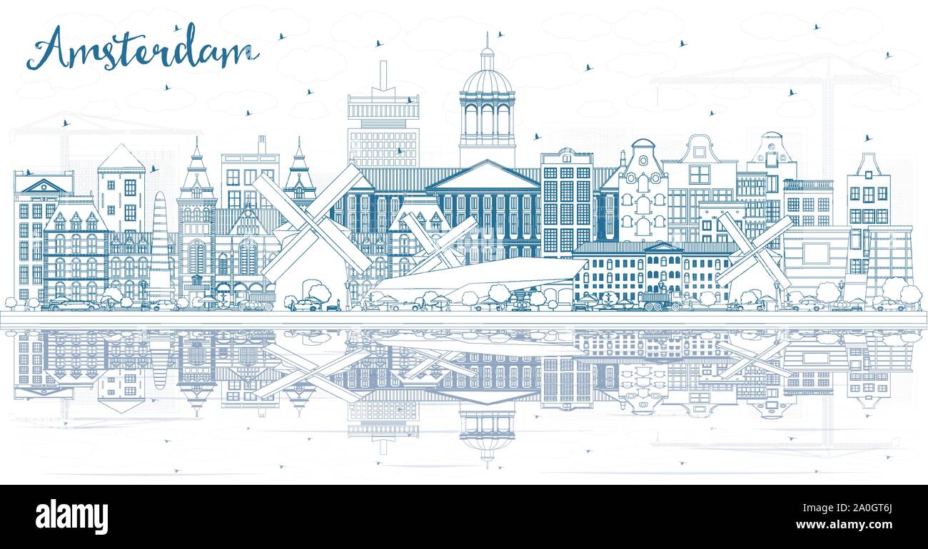 Umrisse Amsterdam Holland Skyline der Stadt mit blauen Gebäude und Reflexionen. Vector Illustration. Business Travel und Tourismus Konzept. Stock Vektor
