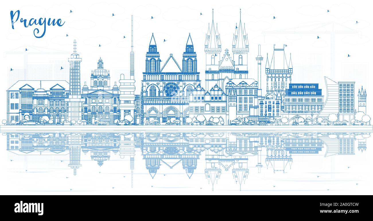 Umrisse in Prag in der Tschechischen Republik die Skyline der Stadt mit blauen Gebäude und Reflexionen. Vector Illustration. Business Travel und Tourismus Konzept. Stock Vektor