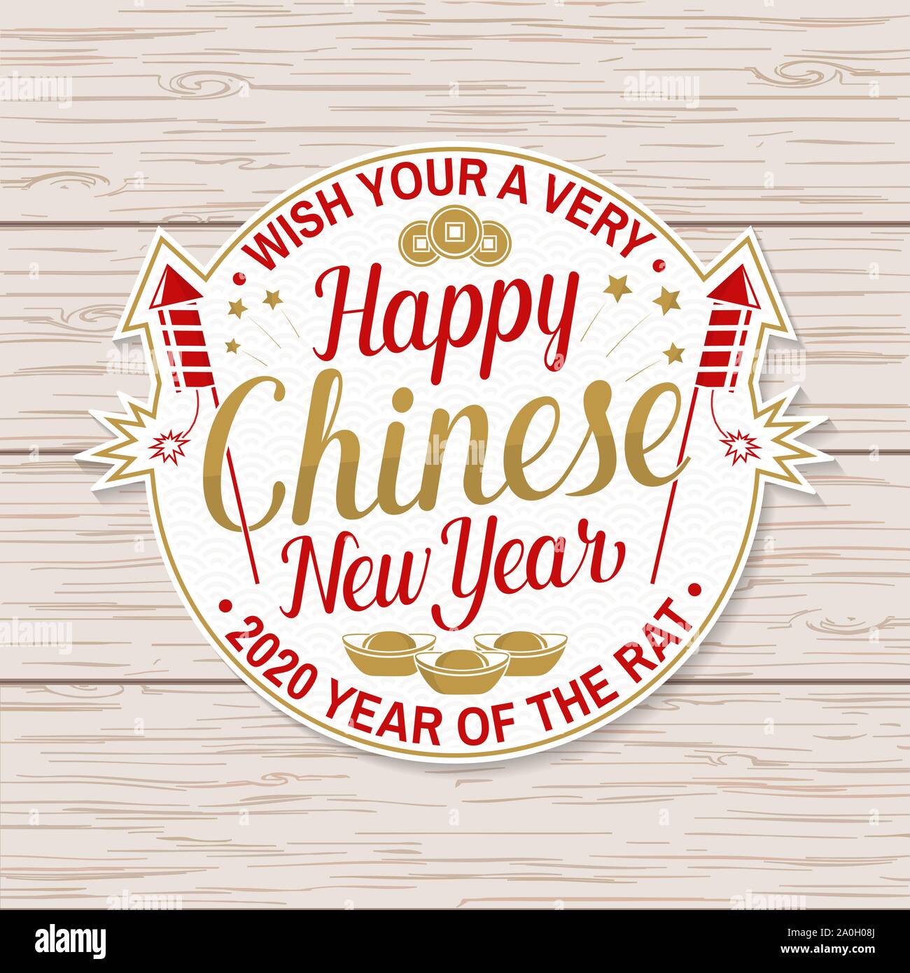 Happy Chinese New Year Aufkleber Design. Vector Illustration. Das chinesische Neujahr Patch oder Grußkarte. Chinesische Zeichen mit Gold sycee, Münze und Feuerwerk Rakete. Banner für Website Vorlage Stock Vektor