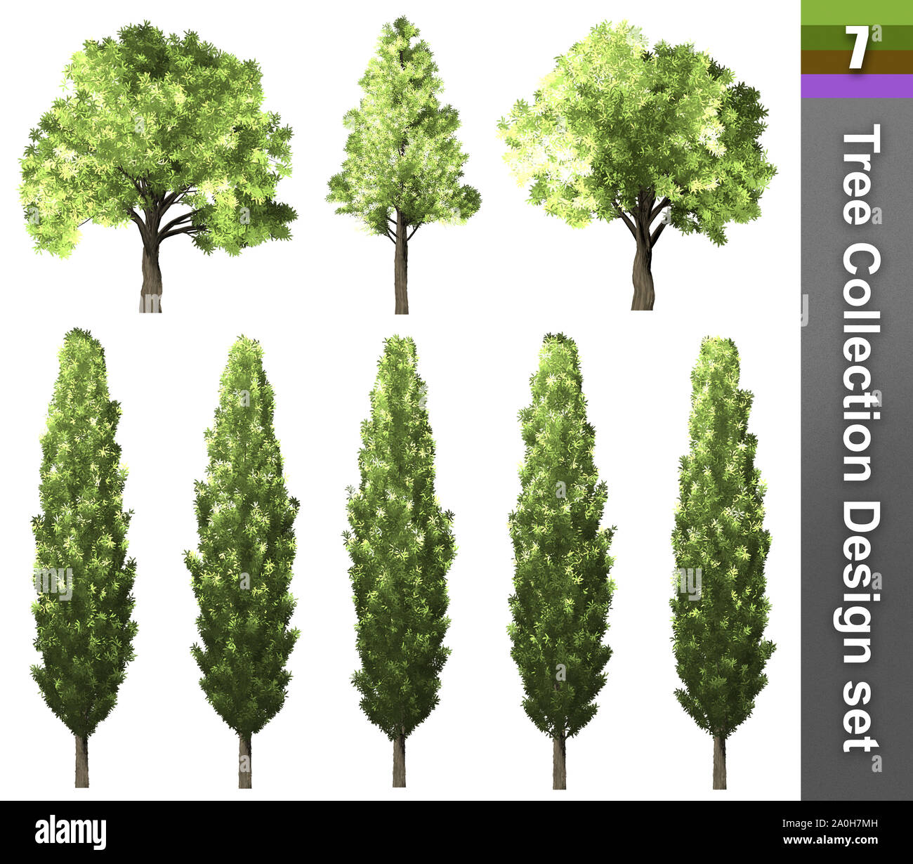Baum Korrektur Design. 3D-Darstellung. Weißer Hintergrund isolieren. Natur und Gärten Design. Stockfoto